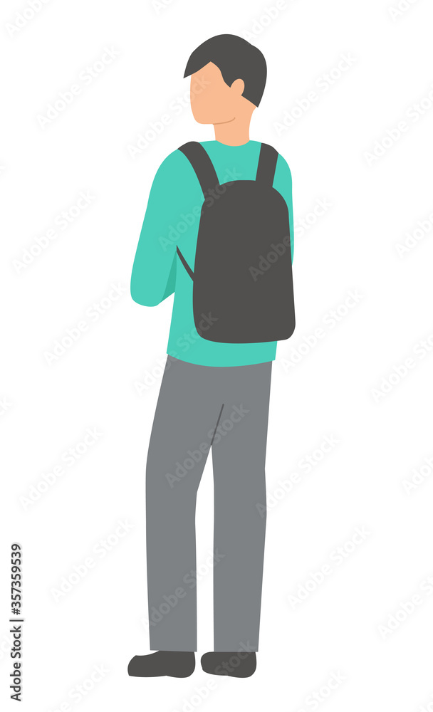 Student with a backpack is standing with back. Isolated on a white background. Flat design. Vector illustration. Student with a backpack is standing with back. Isolated on a white background. Flat design. Vector illustration.
