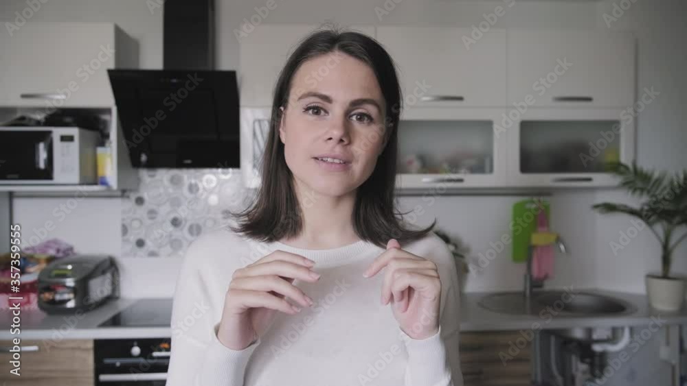 Video call, video conference, young business woman looking at webcam, closeup face, talking with client colleagues. Video call, video conference, young business woman looking at webcam, closeup face, talking with client colleagues.