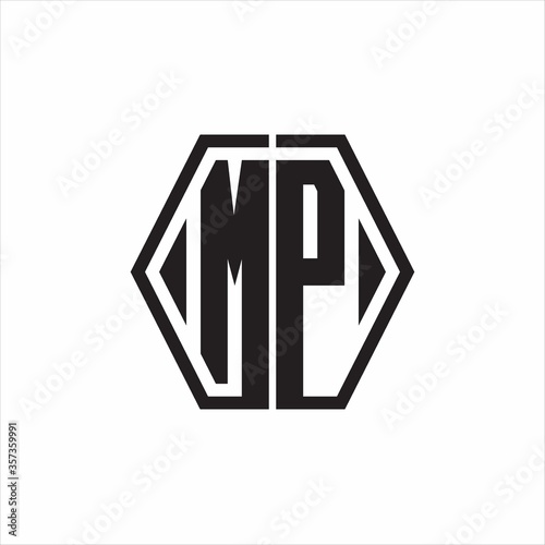 MP Logo monogram with hexagon line rounded design template on white background