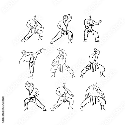 Set of hand drawn karate or martial arts logo, emblem, badge, label and design elements in retro style. Illustration