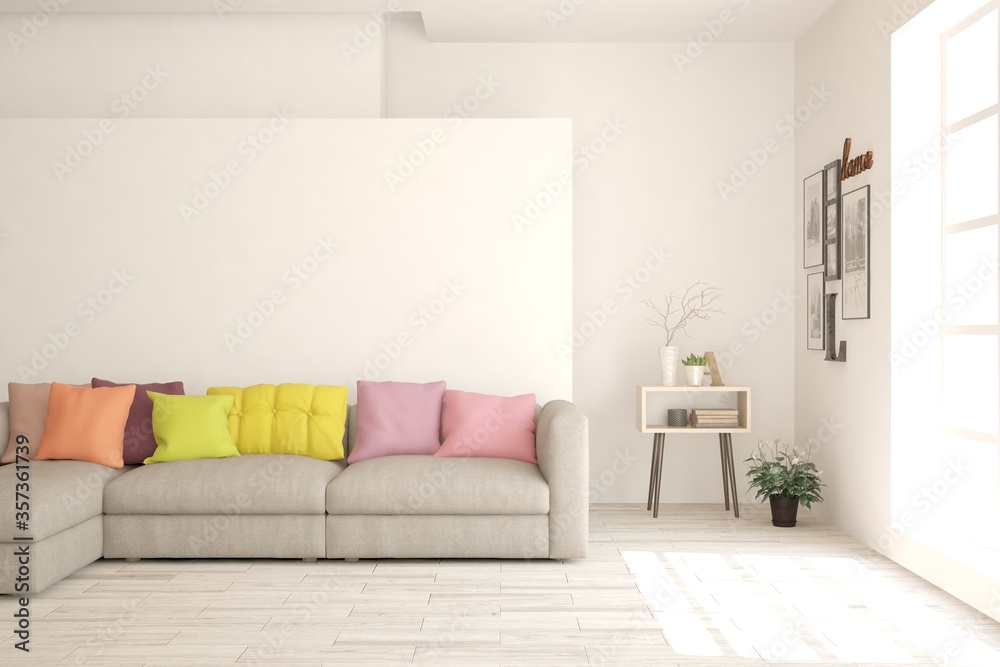 Fototapeta premium White living room with colorful sofa. Scandinavian interior design. 3D illustration
