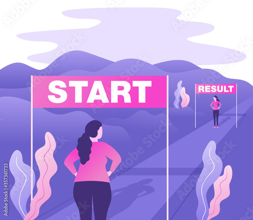 Weight loss before and after concept - illustration for diet program, fasting, liposuction, fitness - eliminating the problem of excess weight - start and finish 