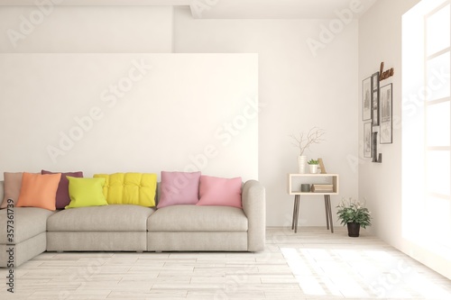 White living room with colorful sofa. Scandinavian interior design. 3D illustration © AntonSh