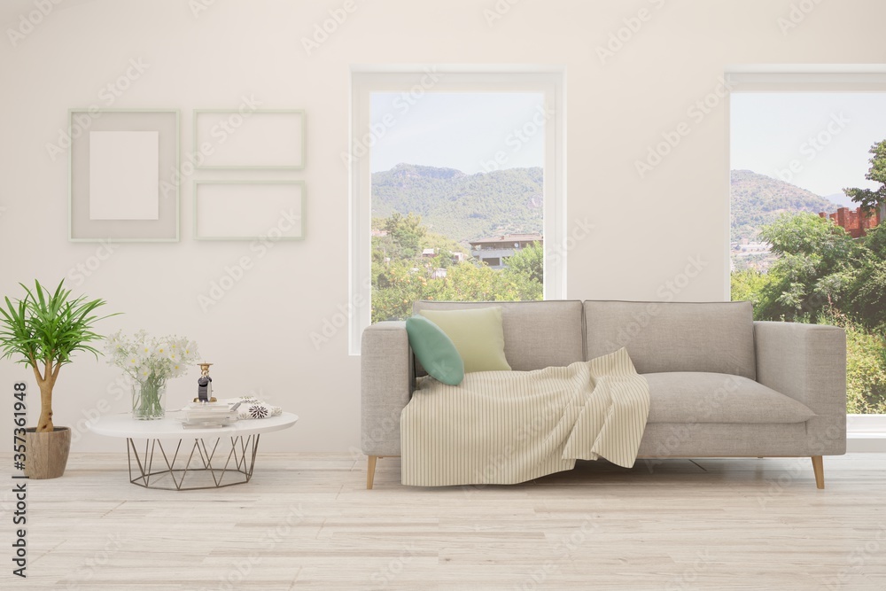 Fototapeta premium White living room with sofa. Scandinavian interior design. 3D illustration