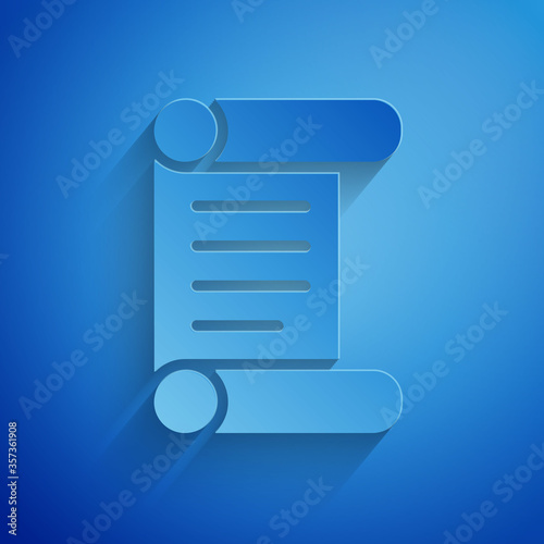 Paper cut Decree, paper, parchment, scroll icon icon isolated on blue background. Paper art style. Vector.