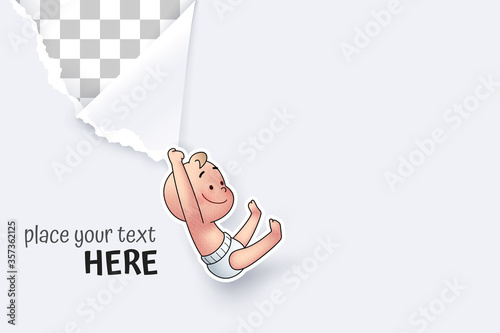 Paper art of newborn baby cartoon hang on tear paper for unwrap white paper