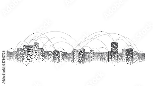 Network and communication in a digital city. The future of smart cities connected with Internet of things. 5g technology concept.