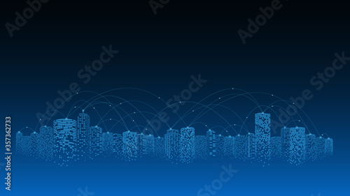 Network and communication in a digital city. The future of smart cities connected with Internet of things. 5g technology concept. photo