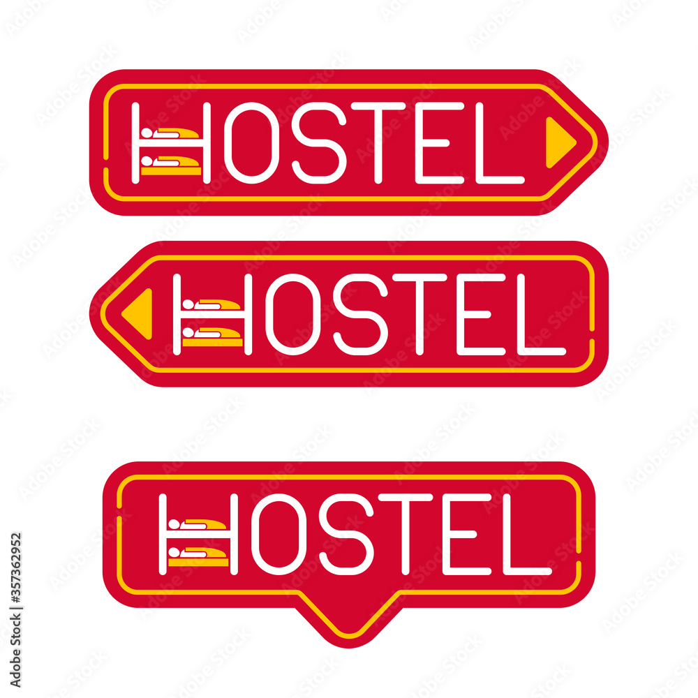 Hostel pointer signboard with H letter in form of double sleeping bed in centered, right and left direction Hostel pointer signboard with H letter in form of double sleeping bed in centered, right and left direction