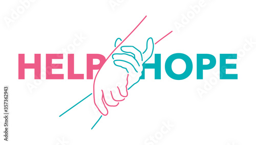Help and hope concept - drawn outline helping hands - benevolence charity illustration