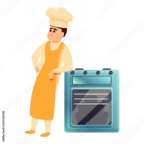 Confectioner near oven icon. Cartoon of confectioner near oven vector icon for web design isolated on white background