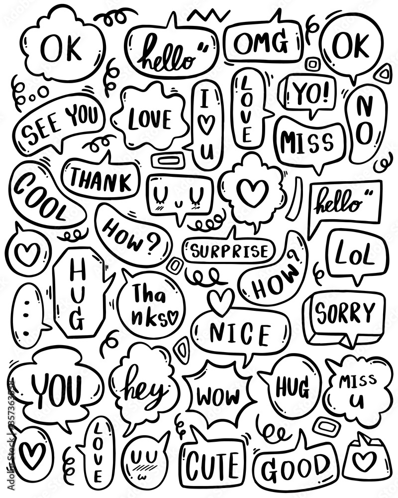 0107 hand drawn background Set of cute speech bubble eith text in doodle style