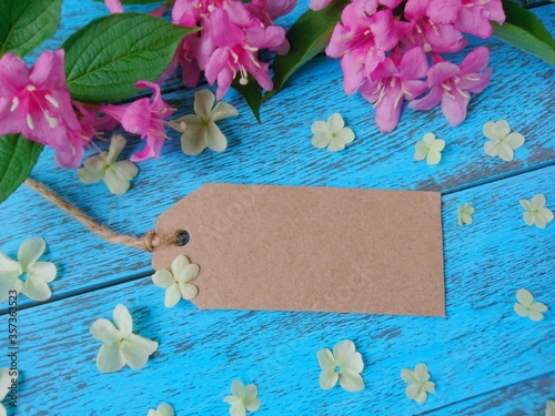 Sale price reduction tag for discount on blue background & pink summer flowers. Summer sale advertising discount promotion concept. Pink flowers & discount sale tag. Summer price label sticker card photo