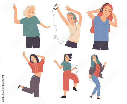 Group of young happy dancing girl use headphones.Smiling and enjoying party dance.Vector hand drawn illustration in flat cartoon style.