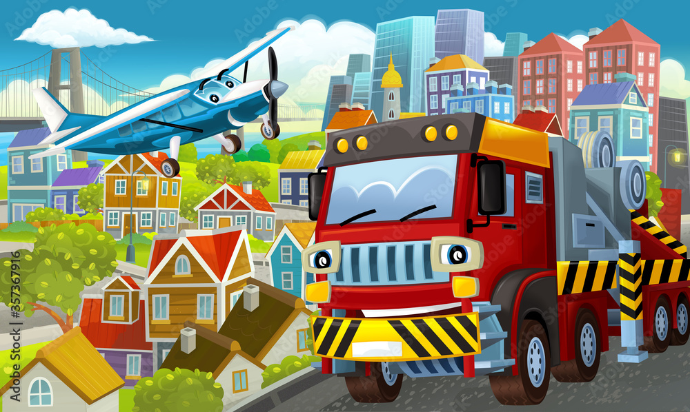 Fototapeta premium cartoon happy and funny scene in the city flying plane and car