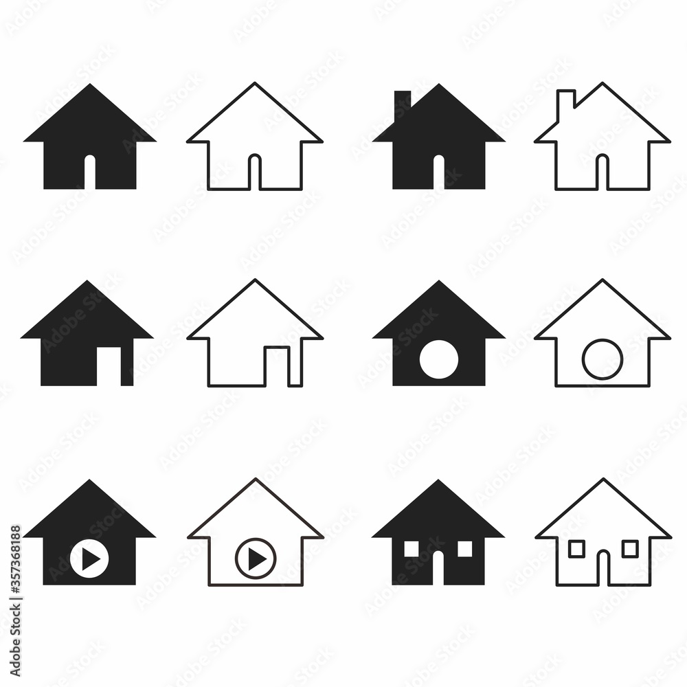 Set of thin and black outline house icons. Stroke that can be edited. Vector illustration.