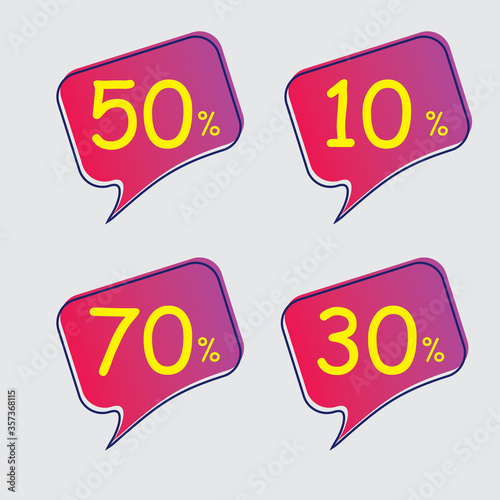 Sales discount icon. Special price offer signs. Reduction symbol 10, 30, 50 and 70 percent. Speech bubbles or chat symbols. Vector illustration.