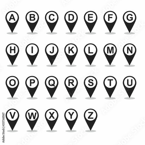 Black and white alphabet icon with location pin symbol.
