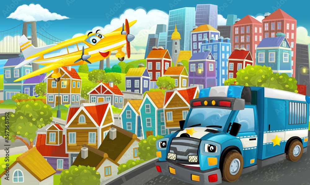 cartoon happy and funny scene in the city flying plane and car