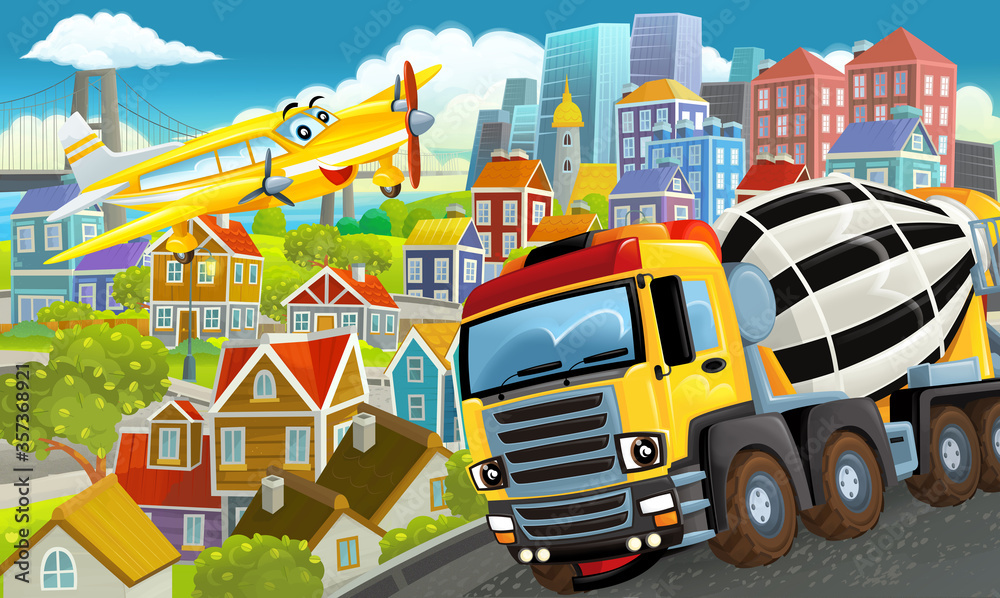 Fototapeta premium cartoon happy and funny scene in the city flying plane and car