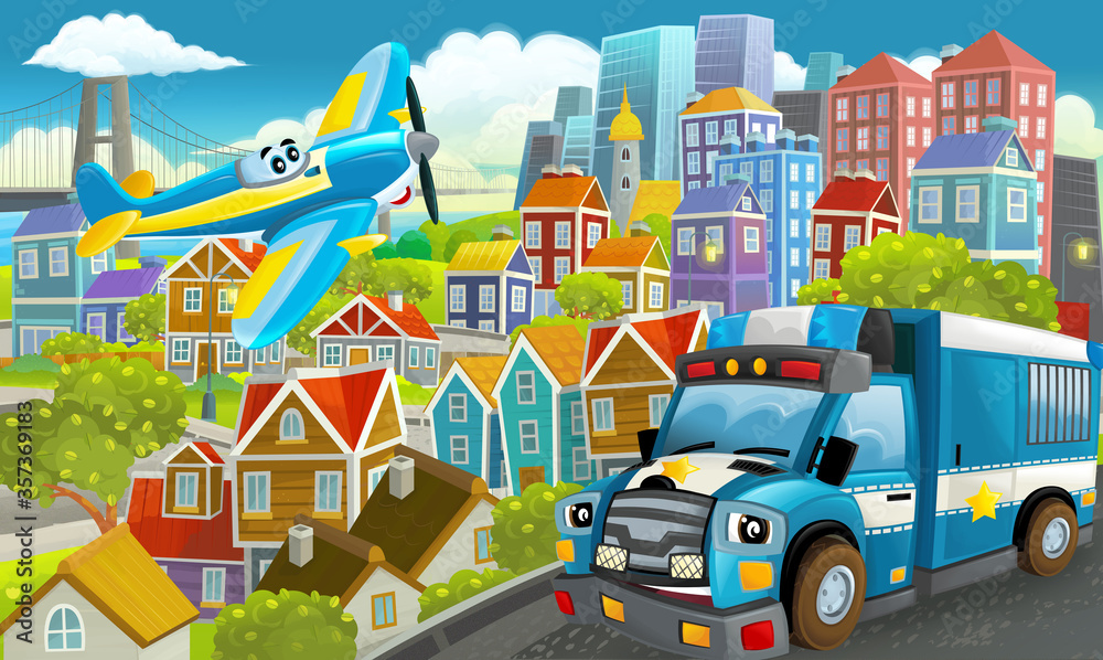 Fototapeta premium cartoon happy and funny scene in the city flying plane and car