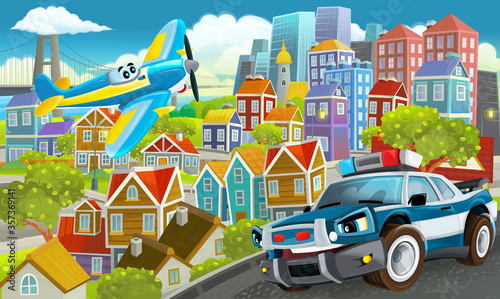 cartoon happy and funny scene in the city flying plane and car © honeyflavour