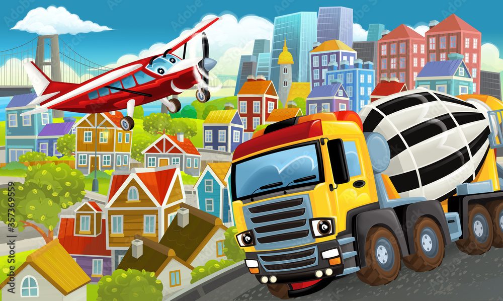 Fototapeta premium cartoon happy and funny scene in the city flying plane and car