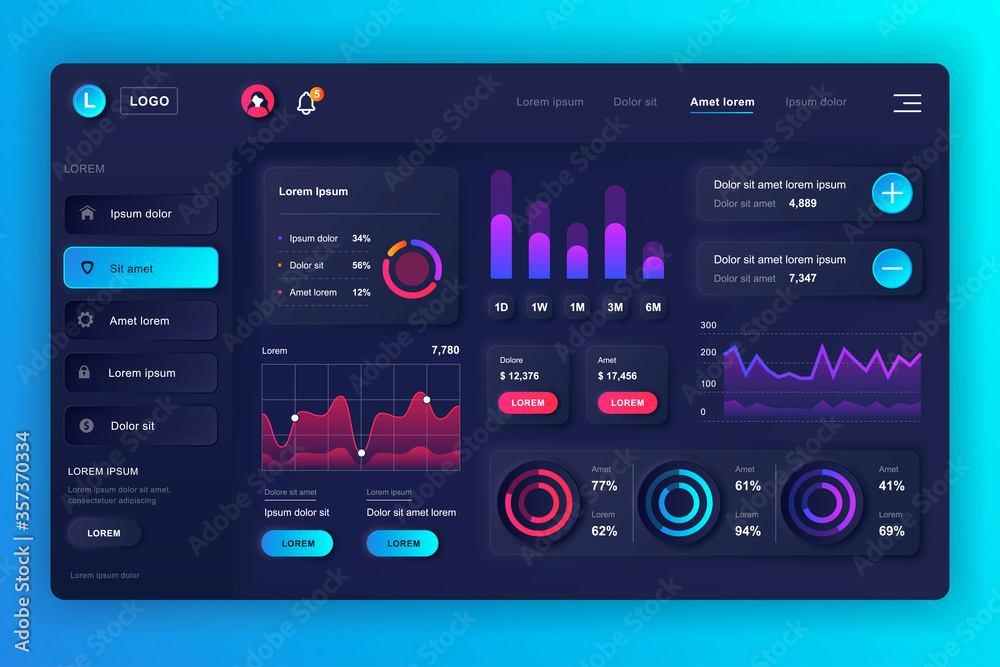 Neumorphic dashboard UI kit. Admin panel vector design template with infographic elements, HUD diagram, info graphics. Website dashboard for UI and UX design web page. Neumorphism style.