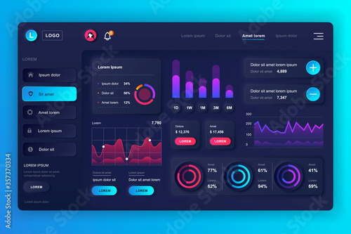 Neumorphic dashboard UI kit. Admin panel vector design template with infographic elements, HUD diagram, info graphics. Website dashboard for UI and UX design web page. Neumorphism style.