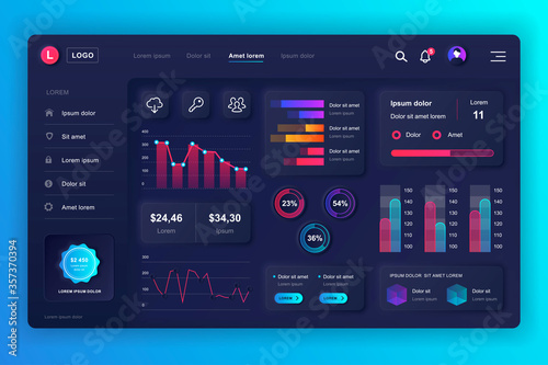 Neumorphic dashboard UI kit. Admin panel vector design template with infographic elements, HUD diagram, info graphics. Website dashboard for UI and UX design web page. Neumorphism style.