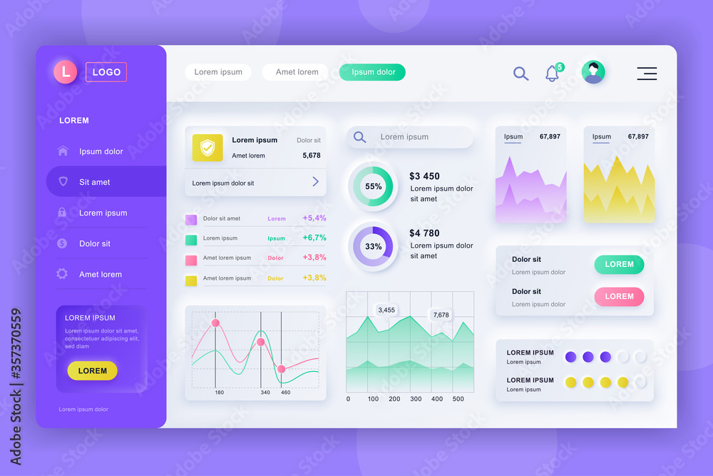 Neumorphic dashboard UI kit. Admin panel vector design template with infographic elements, HUD diagram, info graphics. Website dashboard for UI and UX design web page. Neumorphism style.