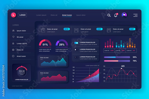 Neumorphic dashboard UI kit. Admin panel vector design template with infographic elements, HUD diagram, info graphics. Website dashboard for UI and UX design web page. Neumorphism style.