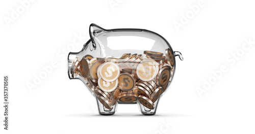 Glass piggy bank stuffed with growing coins. 3d rendering photo