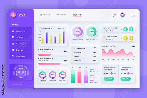 Neumorphic dashboard UI kit. Admin panel vector design template with infographic elements, HUD diagram, info graphics. Website dashboard for UI and UX design web page. Neumorphism style.
