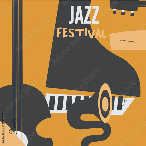 Music promotional poster with musical instruments vector illustration. Artistic background for live concert events and festivals, music show, party flyer with guitar, piano and gramophone