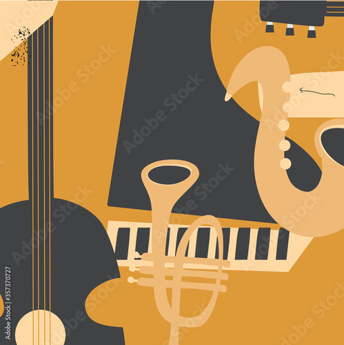 Music promotional poster with musical instruments vector illustration. Artistic background for live concert events and festivals, music show, party flyer with saxophone, trumpet, guitar and piano