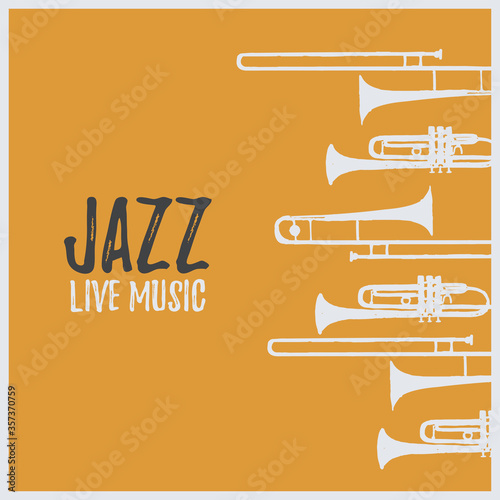 Music promotional poster with musical instruments vector illustration. Artistic background for live concert events and festivals, music show, party flyer design template with trumpet and trombone