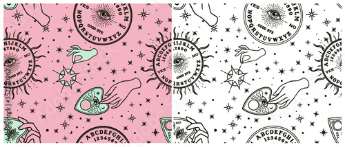 Seamless pattern. Vintage Fortune Hands with ouija. Sketch graphic illustration with mystic and occult hand drawn symbols. Vector Halloween illustration, astrological and esoteric concept.
