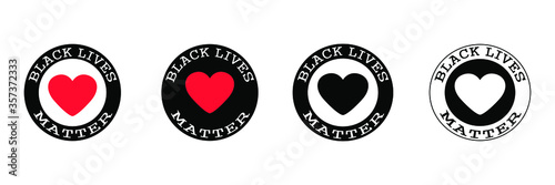 Black lives matter text with heart in a circle. Vector illustration for social media posts against racism. Social movement. Logo for design