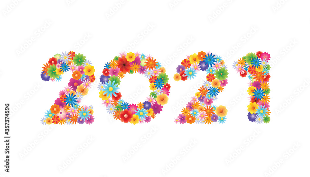 Vector Happy New Year 2021  text design with blooming flowers concept isolated on white background.