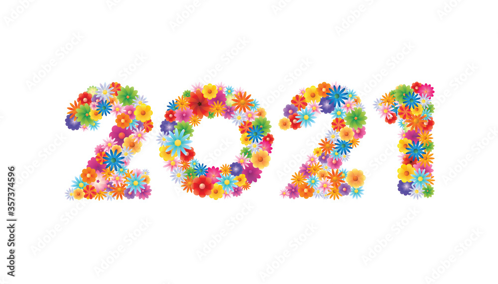 Vector Happy New Year 2021 text design with blooming flowers concept isolated on white background. Vector Happy New Year 2021 text design with blooming flowers concept isolated on white background.