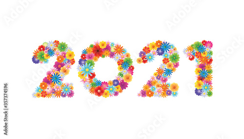 Vector Happy New Year 2021 text design with blooming flowers concept isolated on white background.