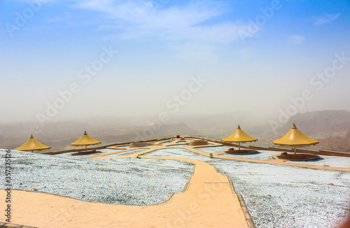 A mountain peak view with foot bath and visitors rest area 