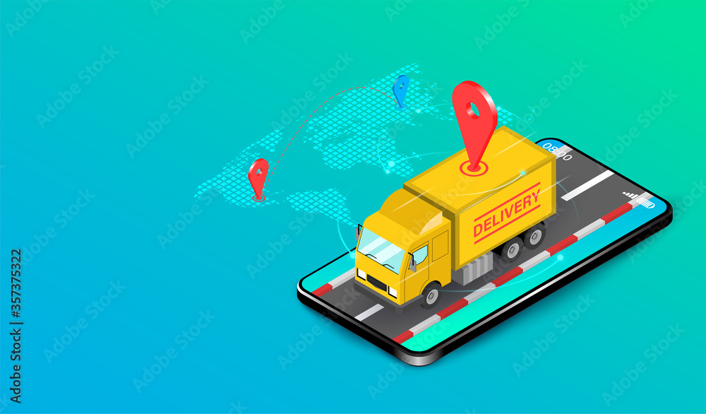 Delivery express by truck with by E-Commerce system on Smartphone. sometric flat design. Vector illustration
