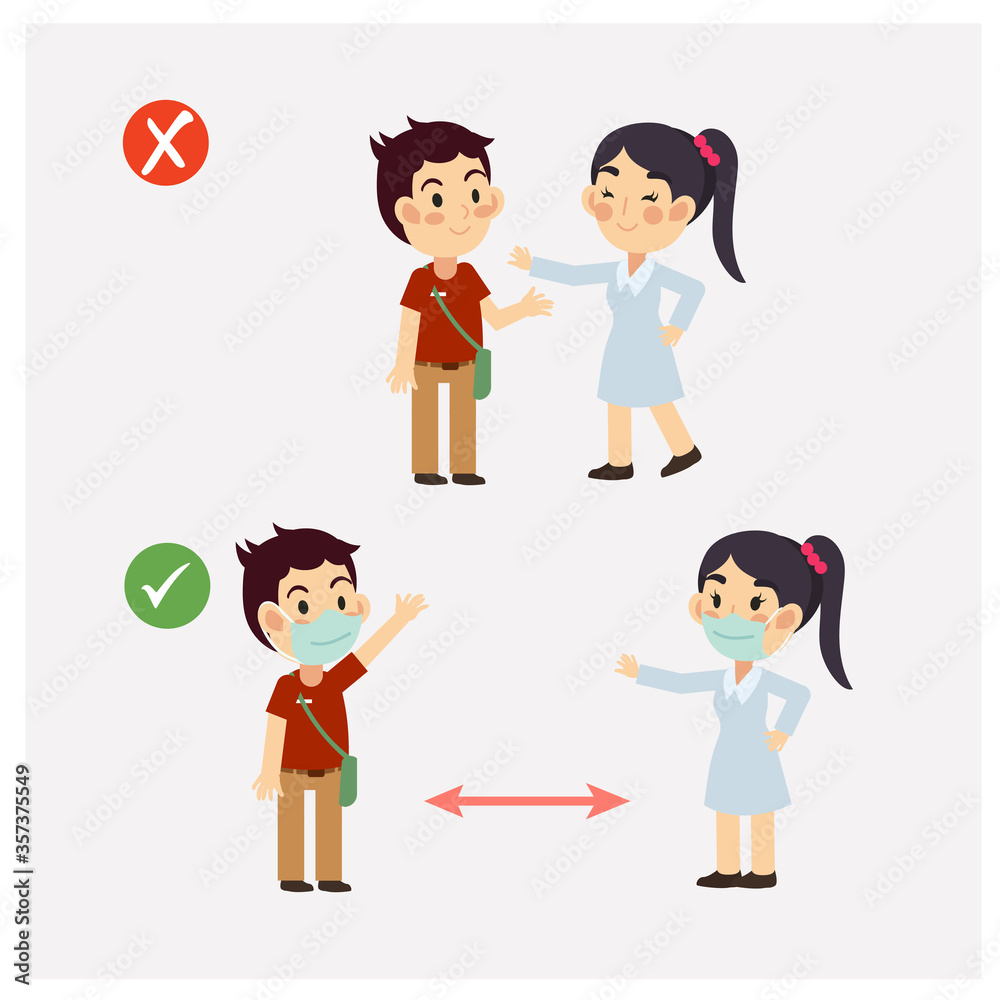 Cute cartoon vector of Social distancing ,protect from COVID-19 coronavirus outbreak spreading concept. right way and wrong way. Cute cartoon vector of Social distancing ,protect from COVID-19 coronavirus outbreak spreading concept. right way and wrong way.