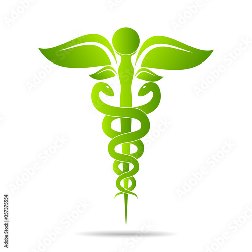 Aesculapius vector abstract illustration created using snakes and green leaves, Caduceus symbol. Healthy lifestyle is strong heart