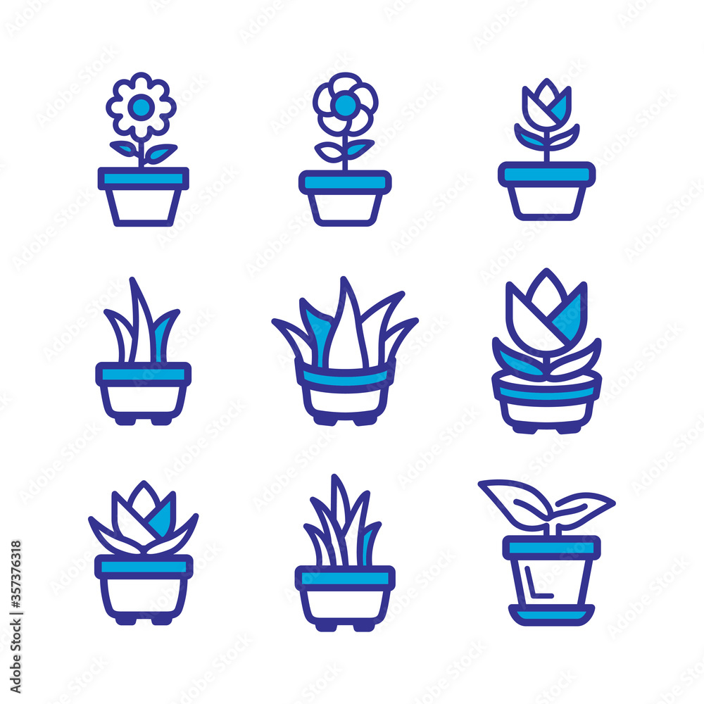 plant in flower pot icon set, color style design