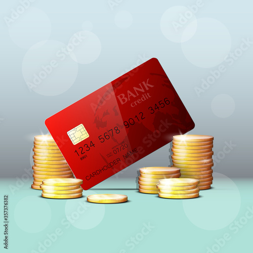 Credit card & gold coins banner. Banking hidden treasures icon. Finans riches icon. Plastic card software wealth badge. Debit card with electromagnetic chip. Privacy Electronic money funds transfer.