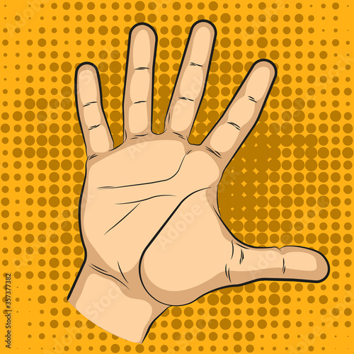 The open palm in pop art style. Human sign greeting, illustration