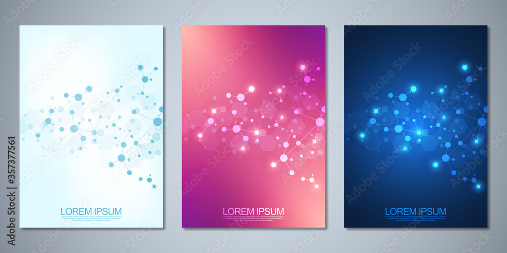 Fototapeta premium Templates brochure or cover book, page layout, flyer design with abstract background of molecular structures and DNA strand. Concept and idea for innovation technology, medical research, science.